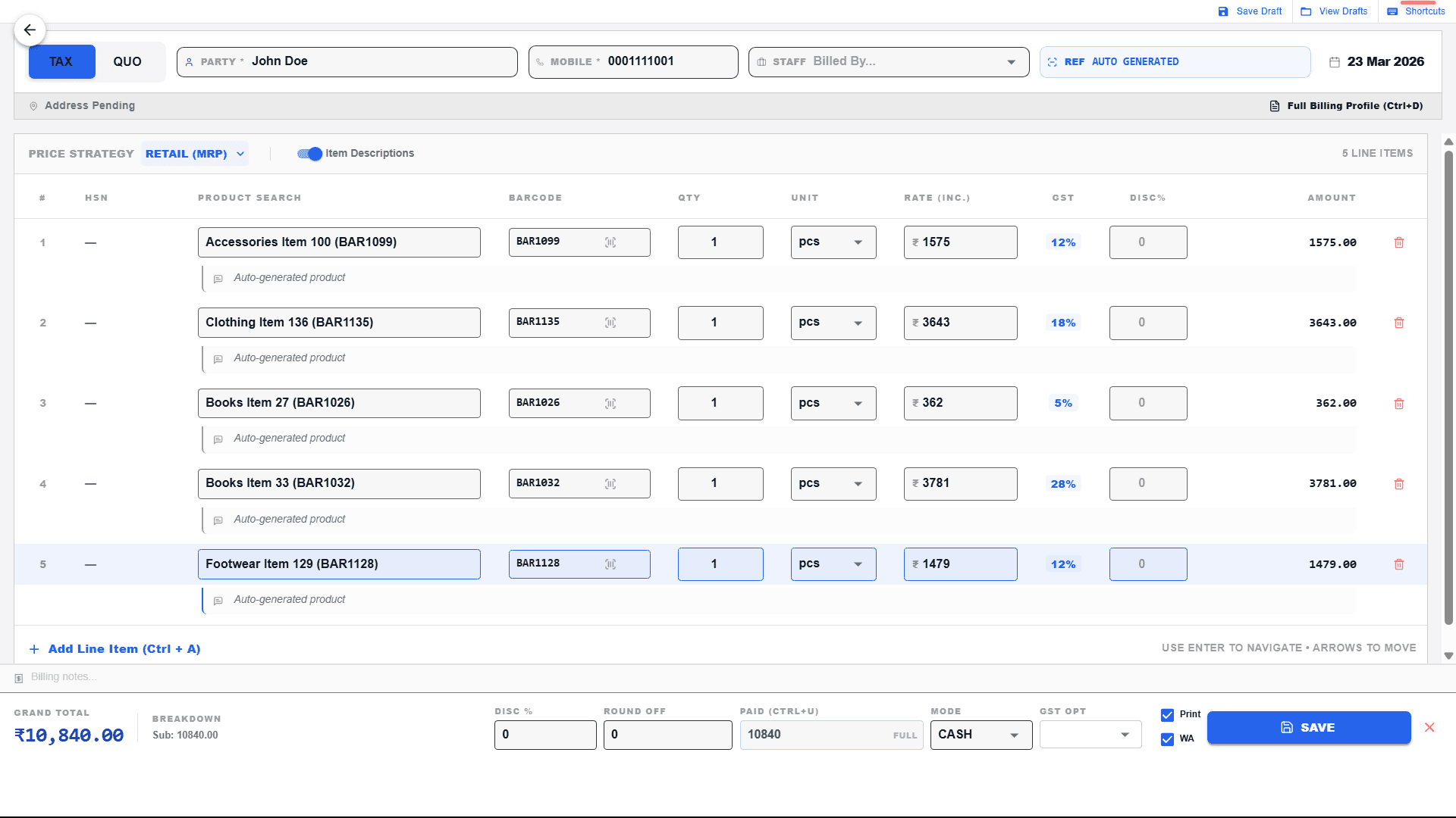 KOSH Barcode POS Billing Screen Real Interface